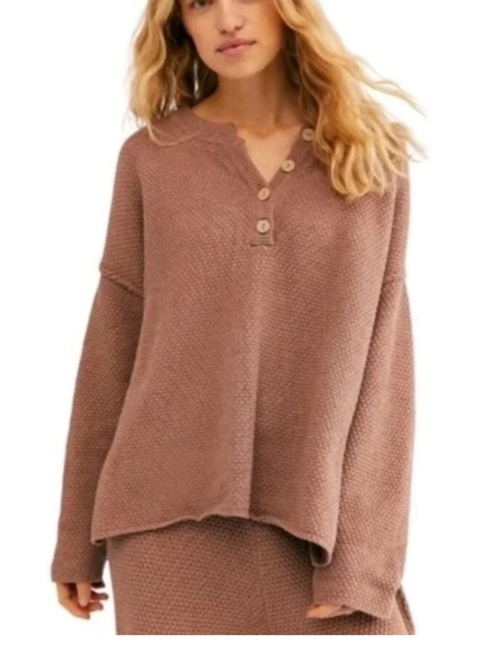 Free People Cotton Oversized Hailee Henley Sweater Brown Size Large
